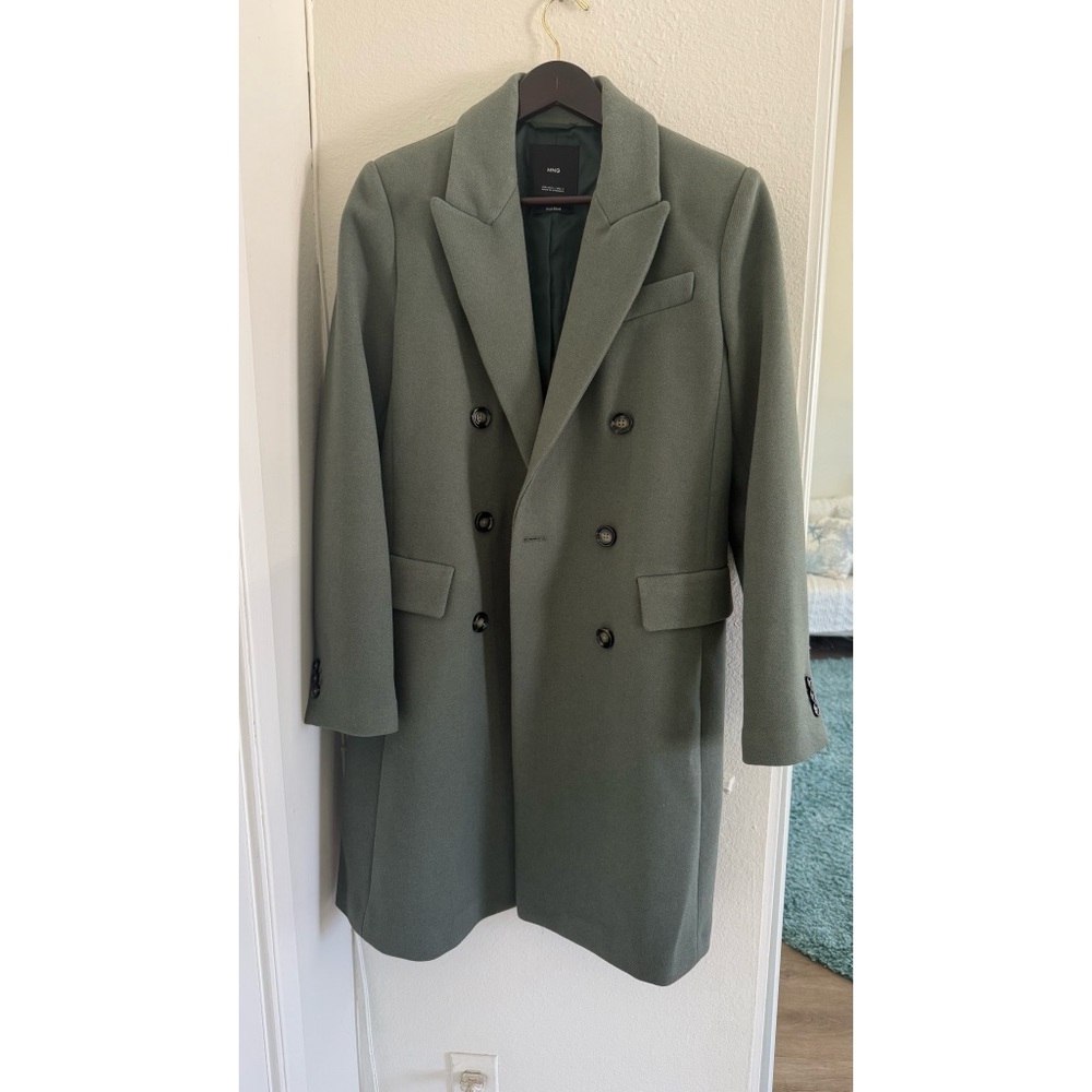 MNG Wool Blend Double-Breasted Coat in Sage Green - Size L